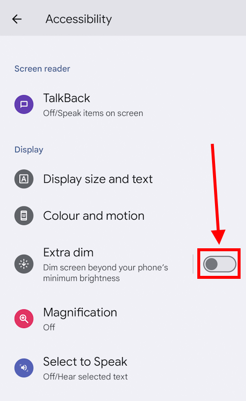 Tap the toggle switch for Extra dim to turn it on